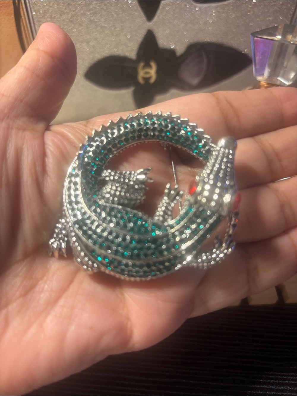 Decorative Silver-Tone Jeweled Lizard Accent - Green Crystal Detail